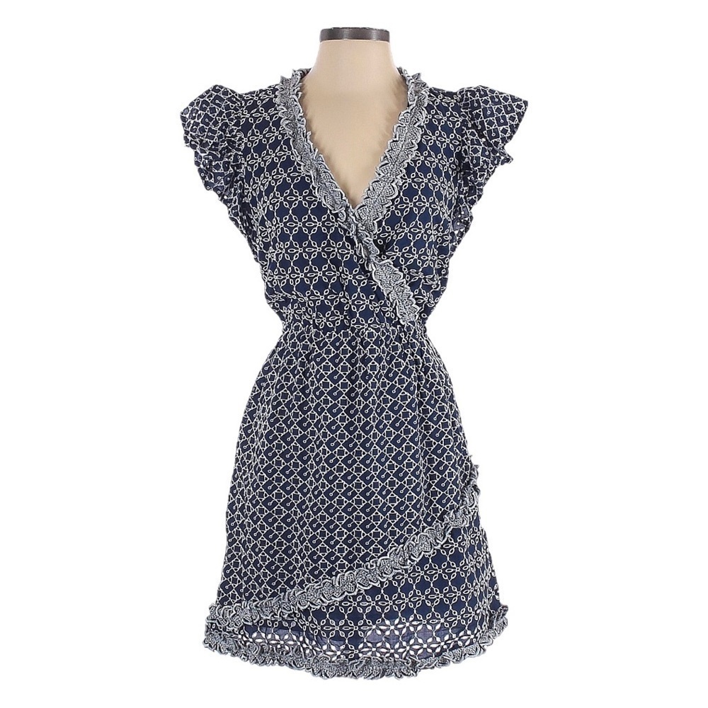 Express Printed Lace Trim Eyelet Navy Blue Belted Faux Wrap Dress Size S